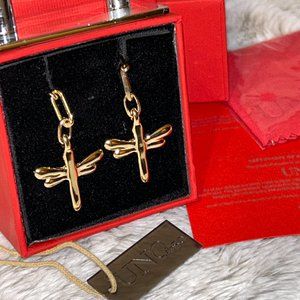 Uno de 50 TAKE ME Gold Plated Dragonfly Long Dangle Earrings PEN0753